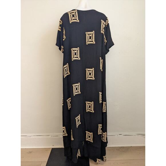 Vintage Krisa Medium Overlay Maxi Dress Black Tan Windowpane Short Sleeves Boho - Picture 12 of 15